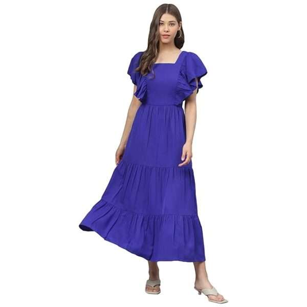 DEEBACO Women's Fit & Flare Tiered Maxi Dress|Flutter Sleeves|Square Neck|Full Length Women Western Dresses|A-Line Dress|Stylish One Piece for Ladies & Girls|Beach Summer Dress for Women